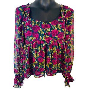 Blu Pepper - Blouse Women's L Babydoll Peplum Square Neck Floral Ruffle Cuffed